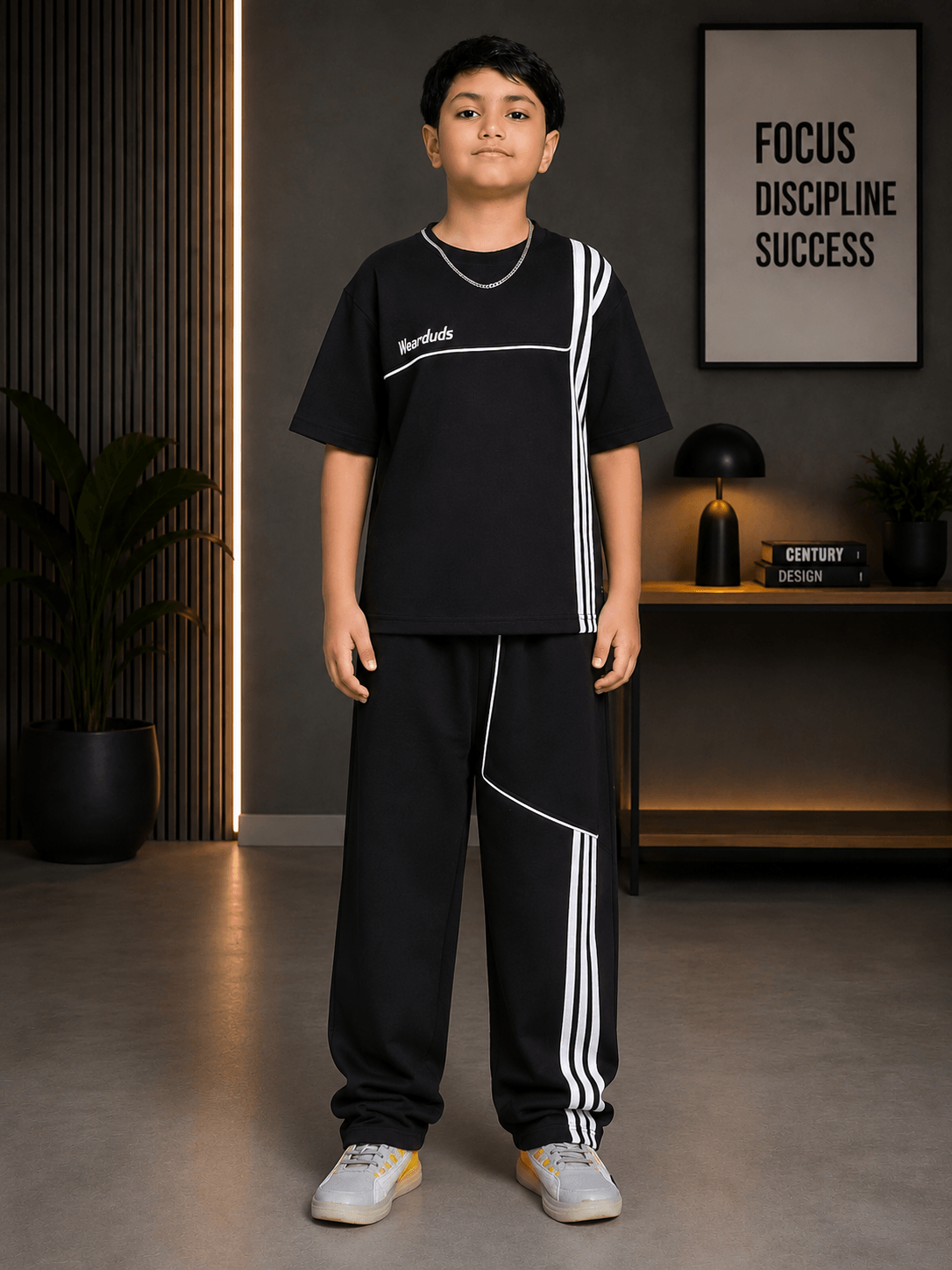 YOUTH CONTREST PIPING CO-ORD FOR BOYS GIRLS BLACK worn by a boy, featuring stylish black top and pants with contrast piping.