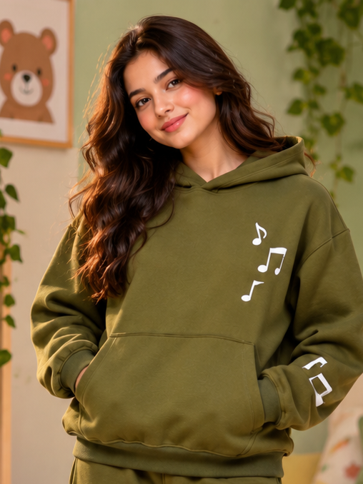 WEARDUDS WOMEN FLEECE MUSIC GRAPHIC HOODIE OLIVE GREEN
