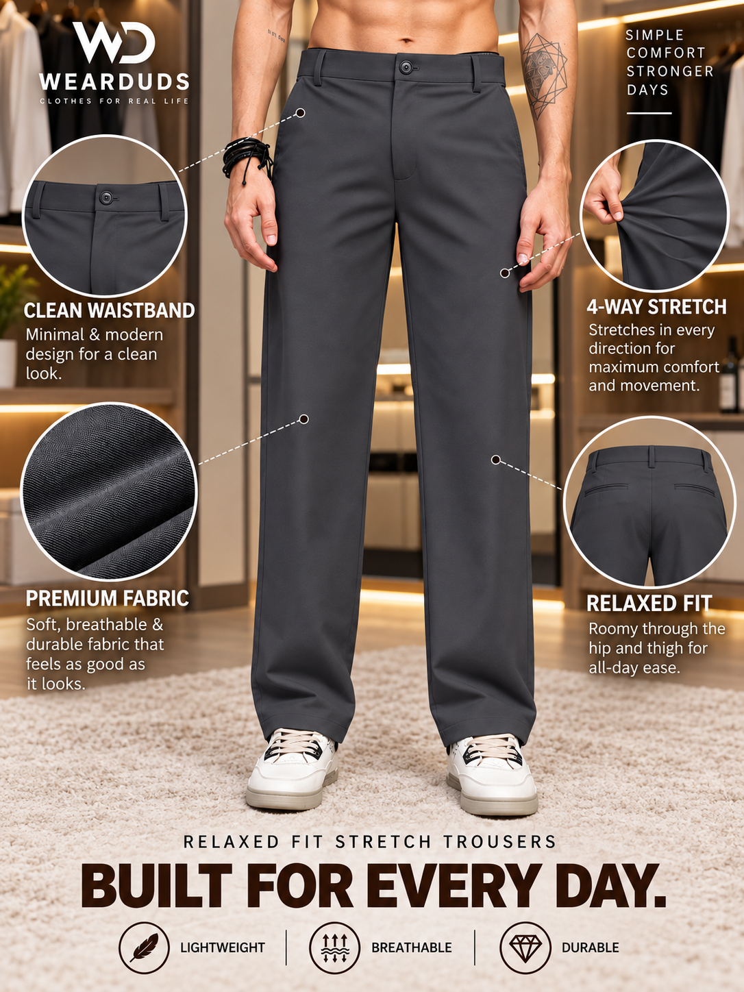 COMFORTABLE STRAIGHT CASUAL PANTS DARK GREY