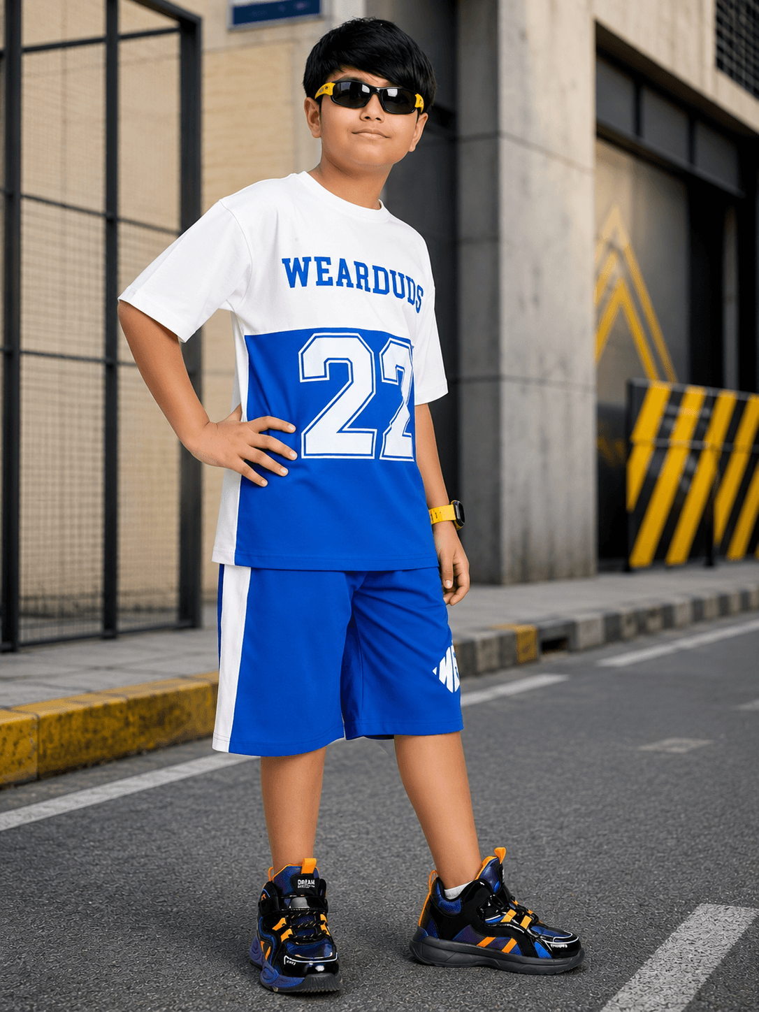 ELECTRIC FLEX CO-ORD FOR BOYS GIRLS WHITE BLUE worn by a boy in sporty street setting.