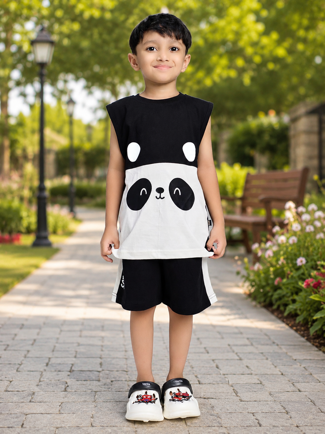 PANDA POP SLEEVELESS CO-ORD FOR BOYS GIRLS BLACK WHITE