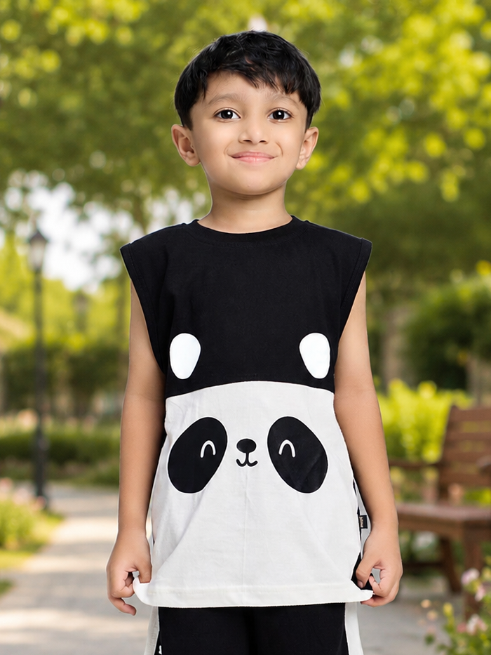 PANDA POP SLEEVELESS T-SHIRT FOR BOYS GIRLS BLACK WHITE