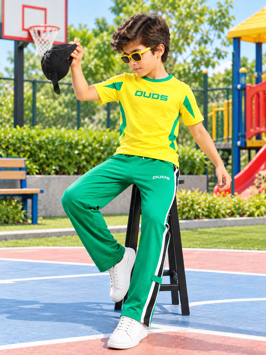 Kids Yellow Jumpy Regular Fit T-Shirt styled with green pants for a playful casual look at the playground