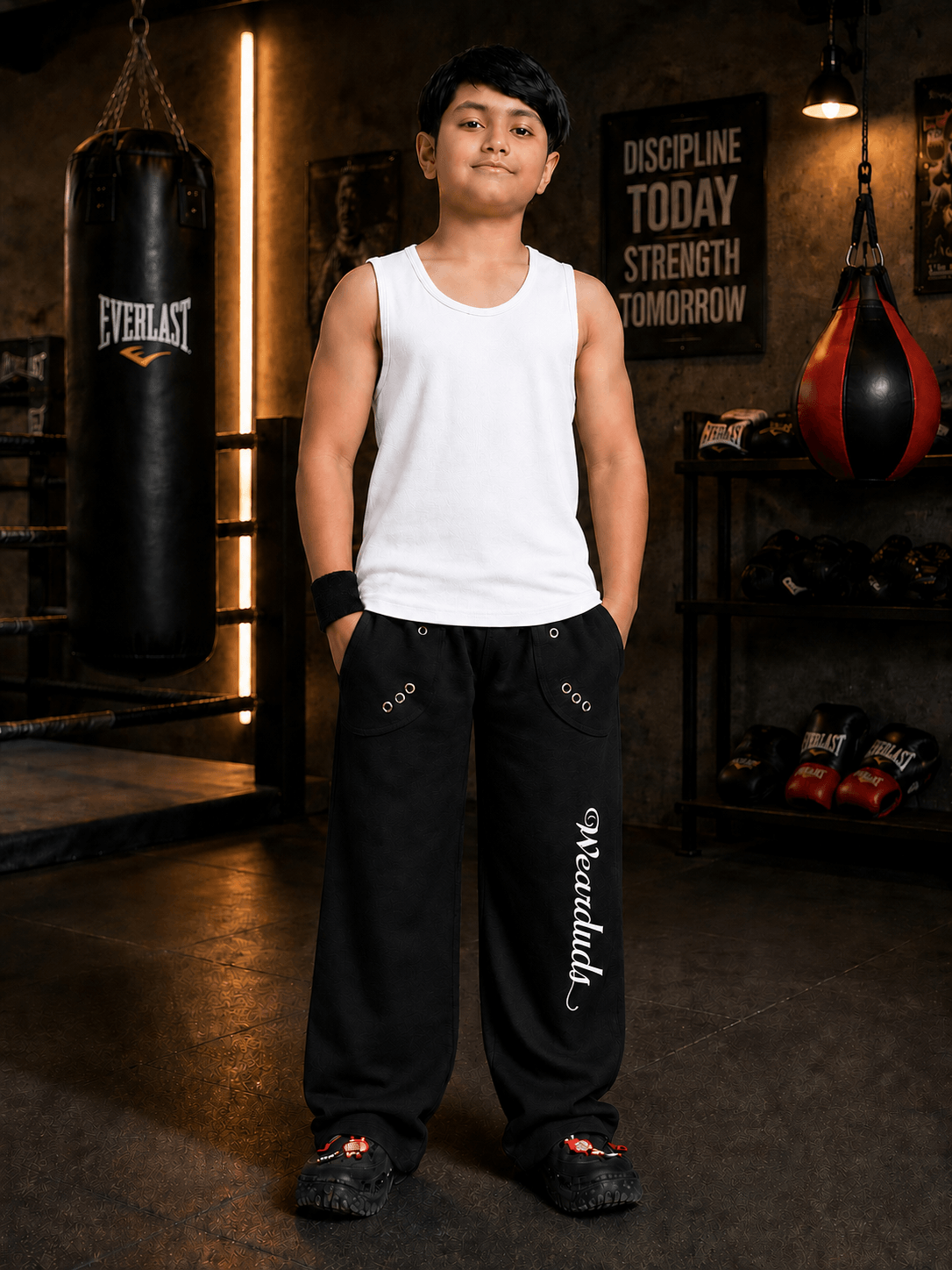 EASY WEAR VEST T-SHIRT FOR BOYS GIRLS WHITE worn by a boy in a boxing gym, showcasing a sporty and relaxed style.