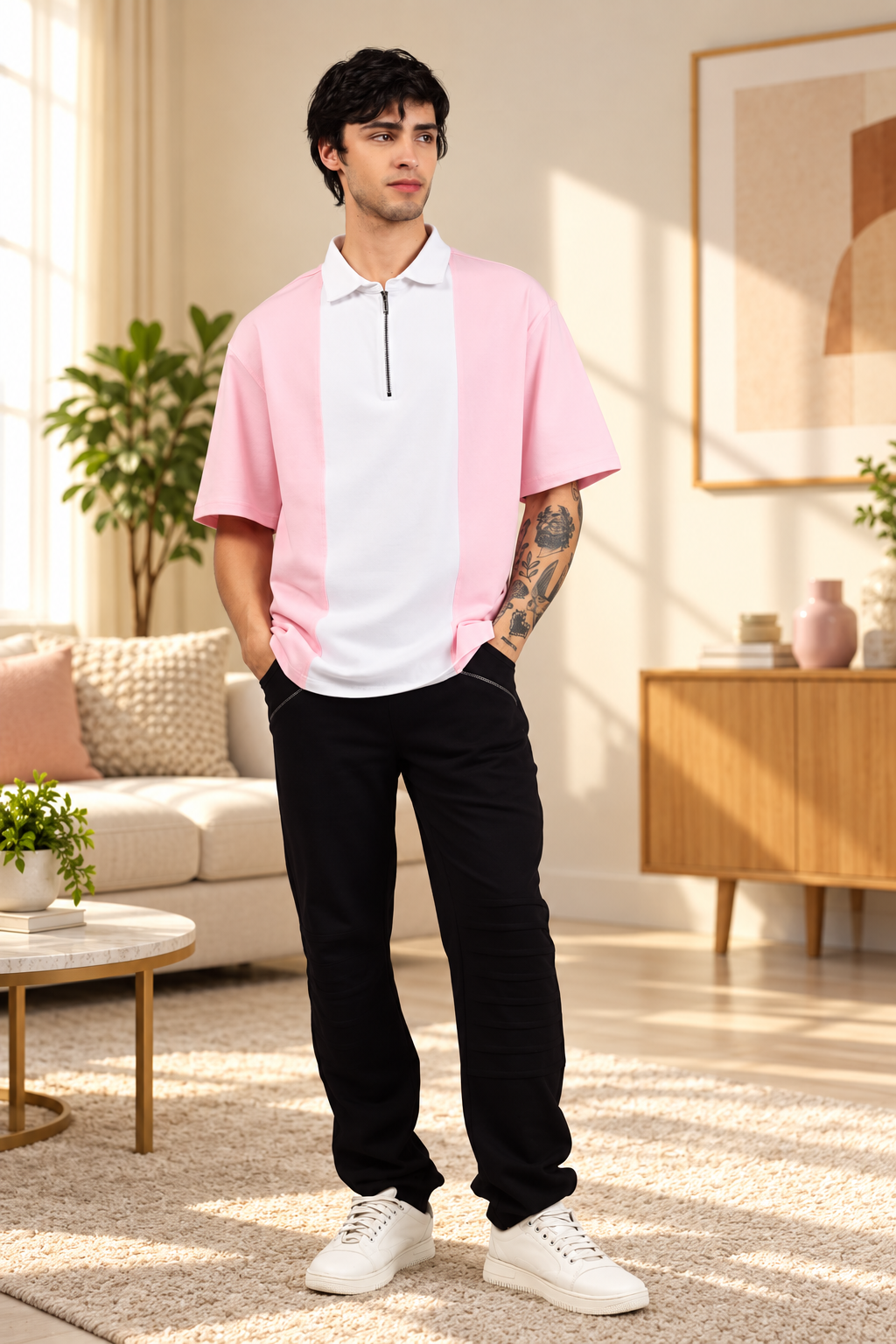 CONTRAST POLO OVERSIZED ZIPPER T-SHIRT BLUSH PINK WHITE