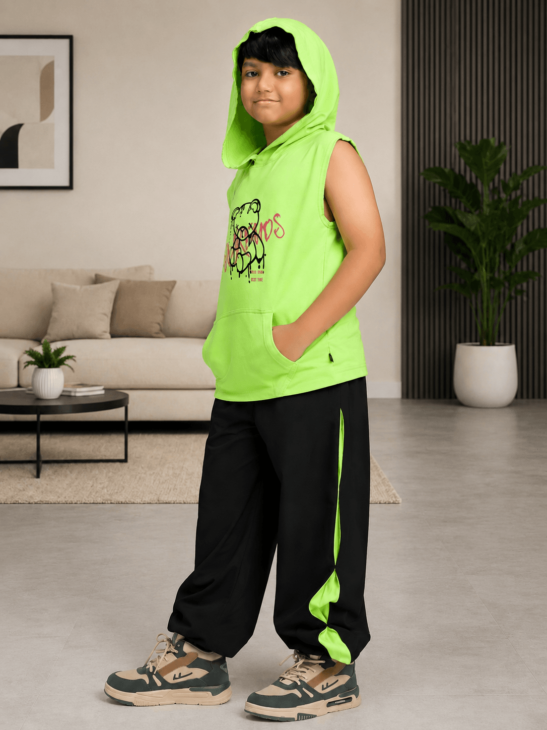 CYBER LIME GRAPHIC HOODED CO-ORD BOYS GIRLS NEON GREEN BLACK