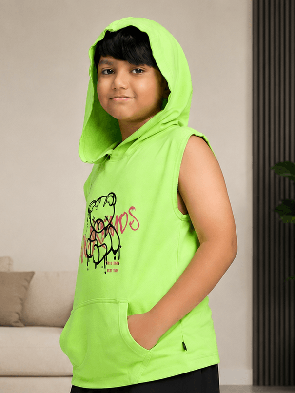 CYBER LIME GRAPHIC HOODED T-SHIRT FOR BOYS GIRLS NEON GREEN worn by a child, showcasing vibrant color and graphic design.