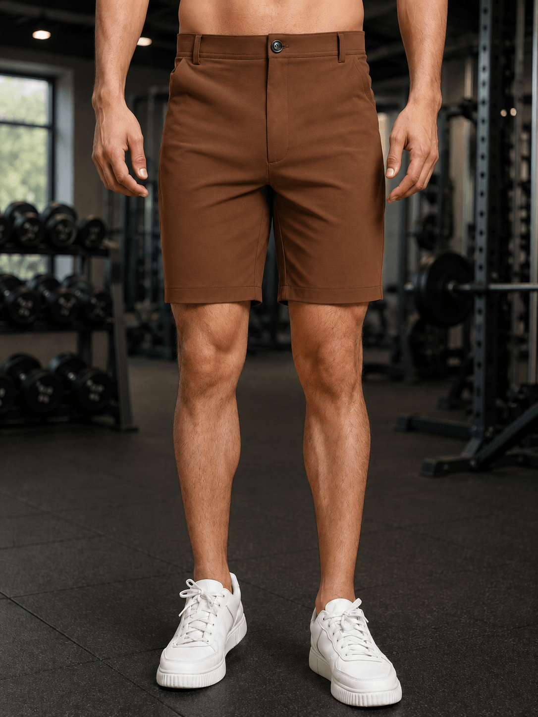 PRIME FIT PERFORMANCE REGULAR SHORTS DARK BROWN modeled by a man in a gym, showcasing a modern athletic style.