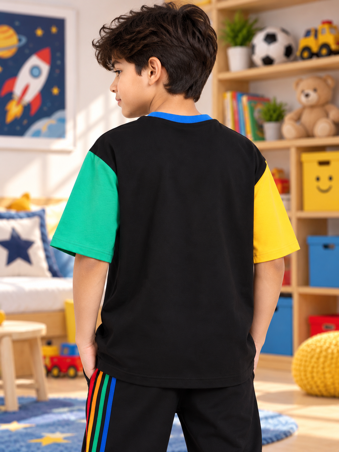 CHROMA COLOR BLOCKED OVERSIZED T-SHIRT FOR BOYS GIRLS BLACK