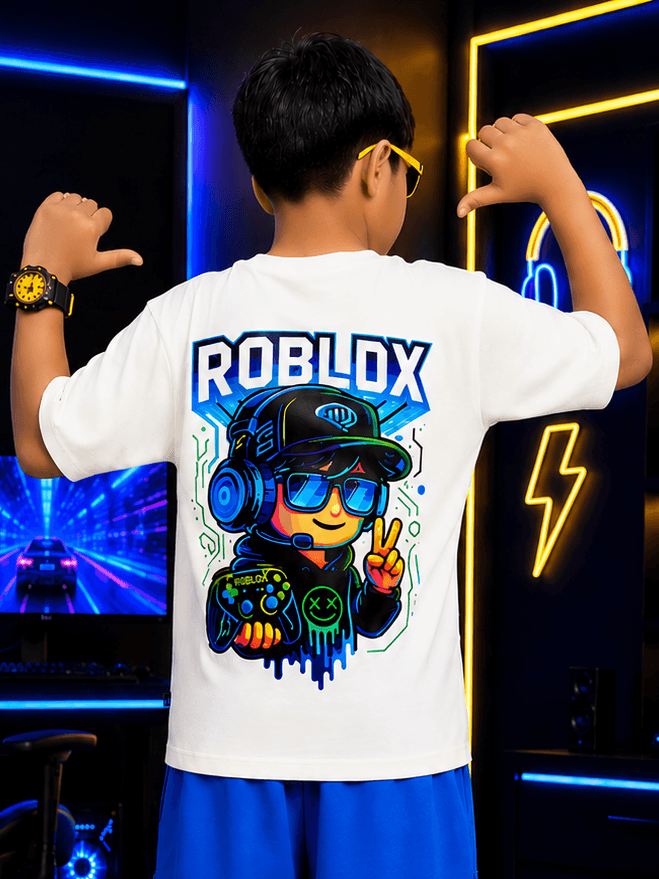 FUSION T-SHIRT FOR BOYS GIRLS WHITE featuring a colorful Roblox design on the back.