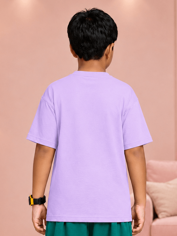 Back view of a child wearing the COOLFIT T-SHIRT FOR BOYS GIRLS LAVENDER, showcasing its soft lavender color.