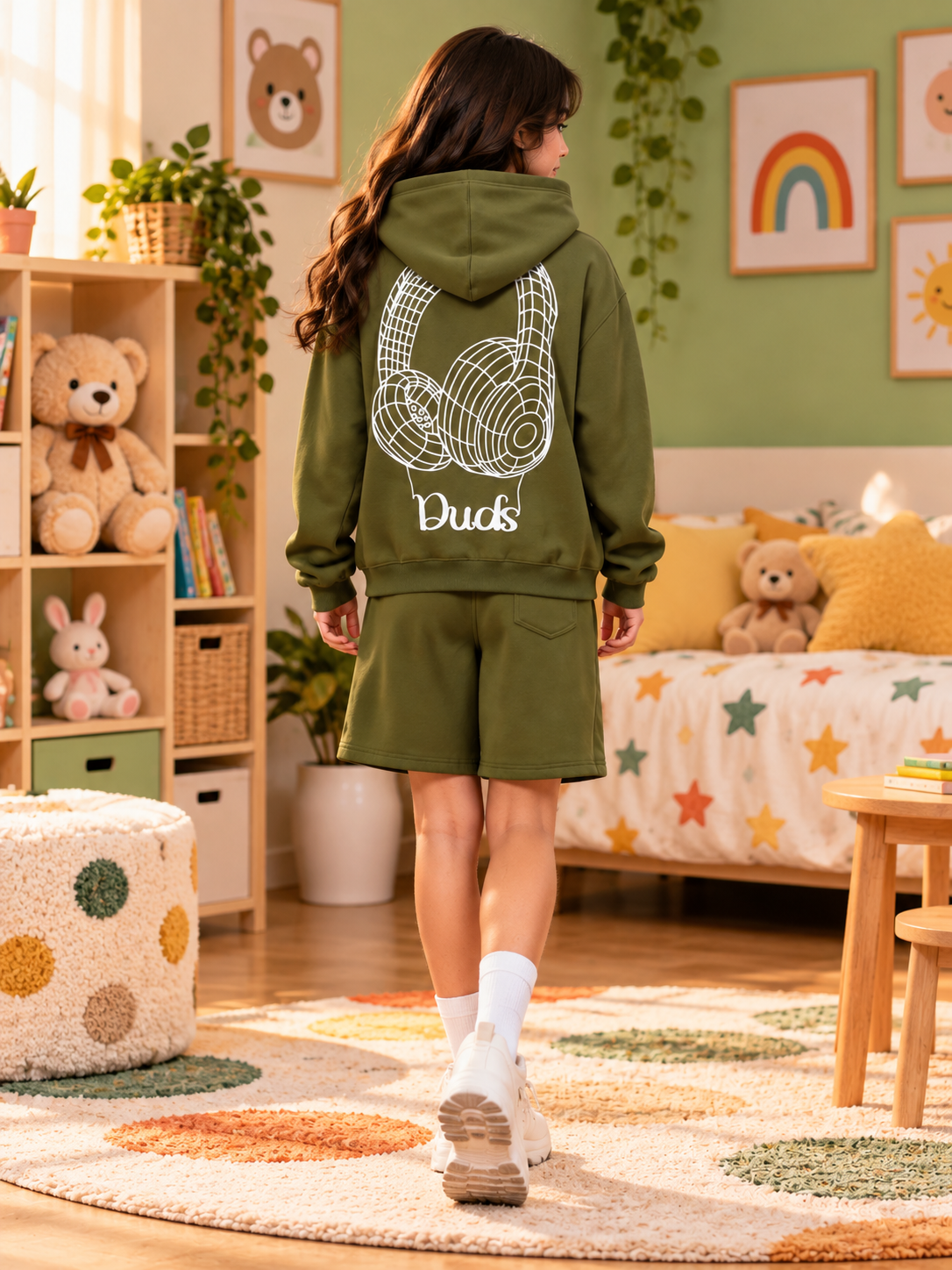 WEARDUDS WOMEN FLEECE MUSIC GRAPHIC C0-SET OLIVE GREEN