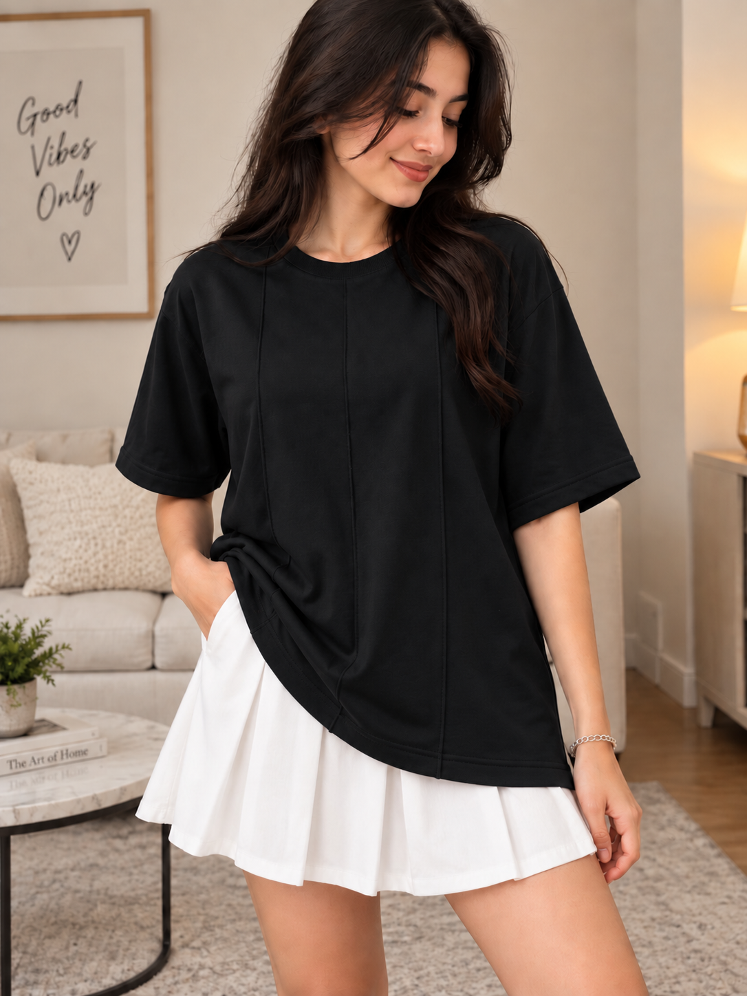 WOMEN BOXY FIT PANELS OVERSIZED T-SHIRT BLACK