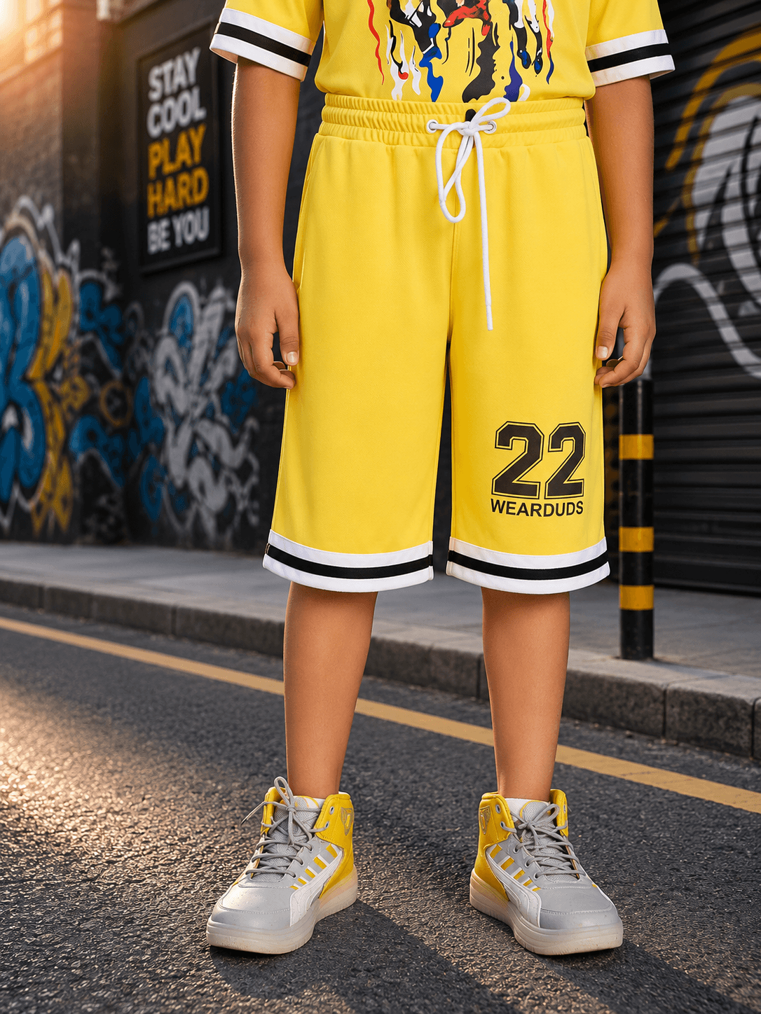 THE STREET SHORTS FOR BOYS GIRLS YELLOW worn by a child in urban setting with vibrant street art.