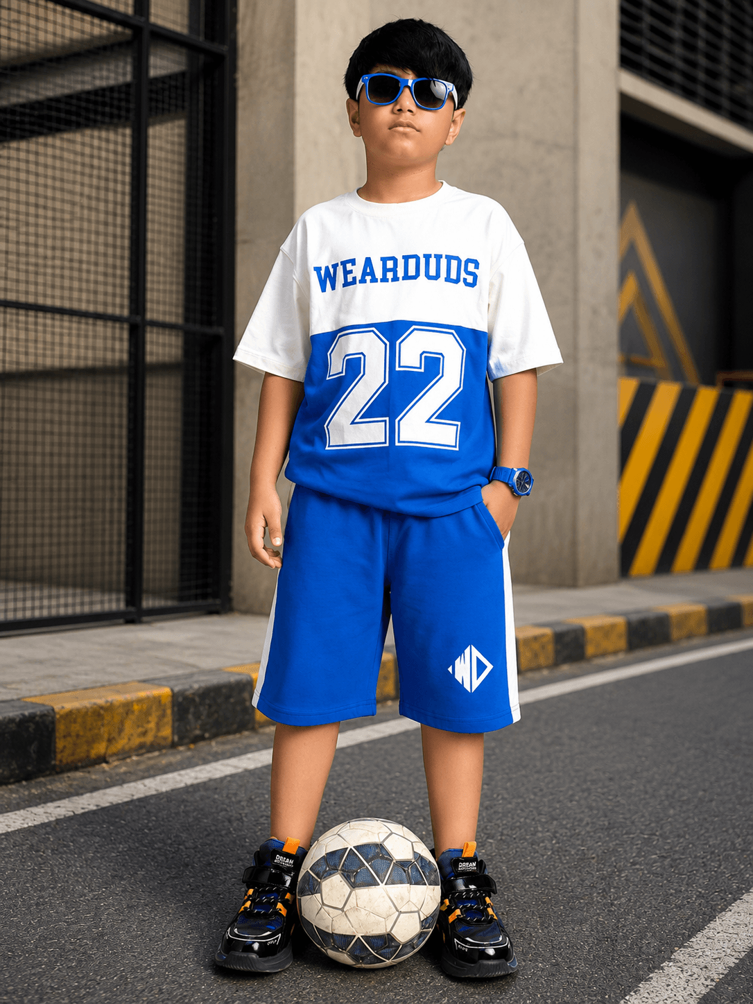ELECTRIC FLEX CO-ORD FOR BOYS GIRLS WHITE BLUE worn by a boy with sunglasses and a soccer ball on the street.