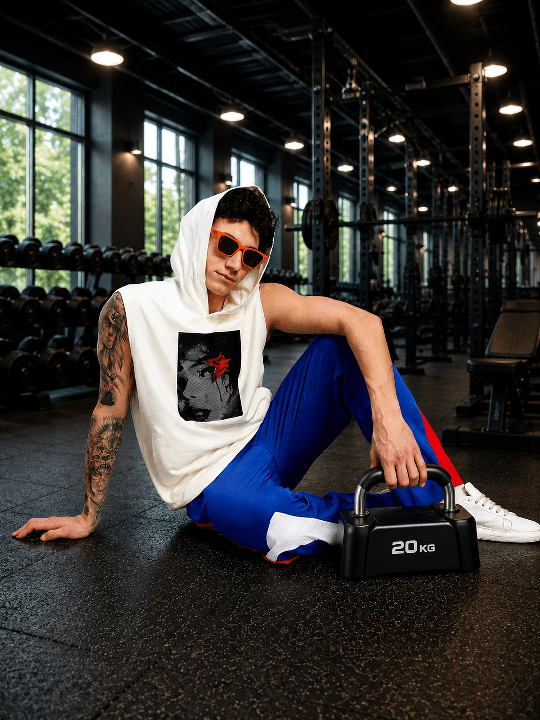 Model wearing SHADOW FACE SLEEVELESS T-SHIRT WHITE with blue pants in a gym setting, holding a 20kg dumbbell.