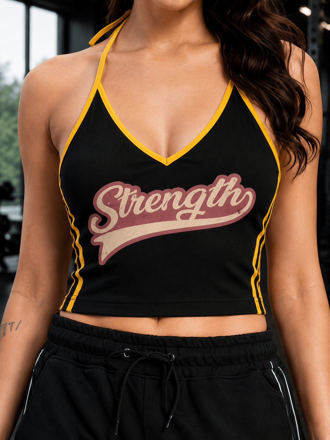 WOMEN STRENGTH GRAPHIC BLACK SLIM FIT CROP TOP BLACK featuring a sporty design and empowering graphic.