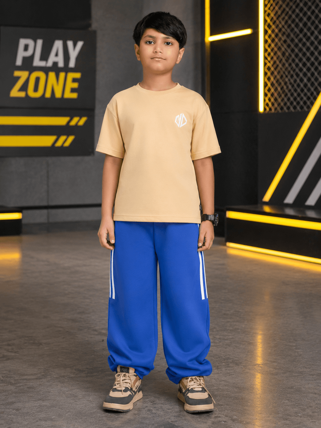 NEO STREET DROP CO-ORD FOR BOYS GIRLS BEIGE BLUE, showcasing stylish beige t-shirt and blue pants.