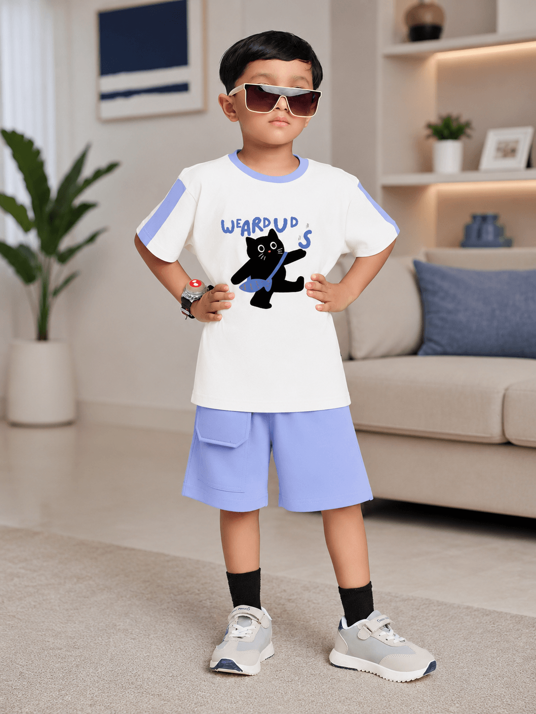 LIL CAT CLUB CO-ORD FOR BOYS GIRLS WHITE LAVENDER worn by a stylish child in a trendy room setting.