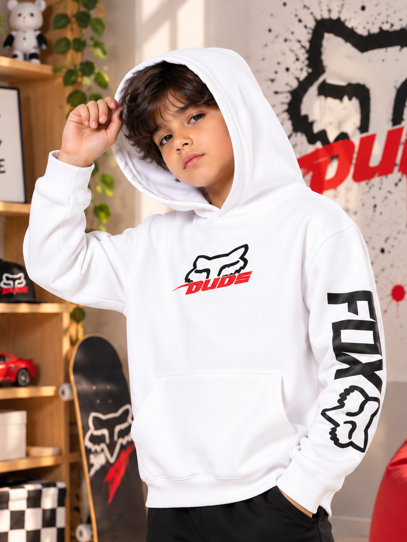 RACING FOX FLEECE HOODIE FOR KIDS WHITE with bold graphic print, cozy hood and long sleeves for everyday comfort