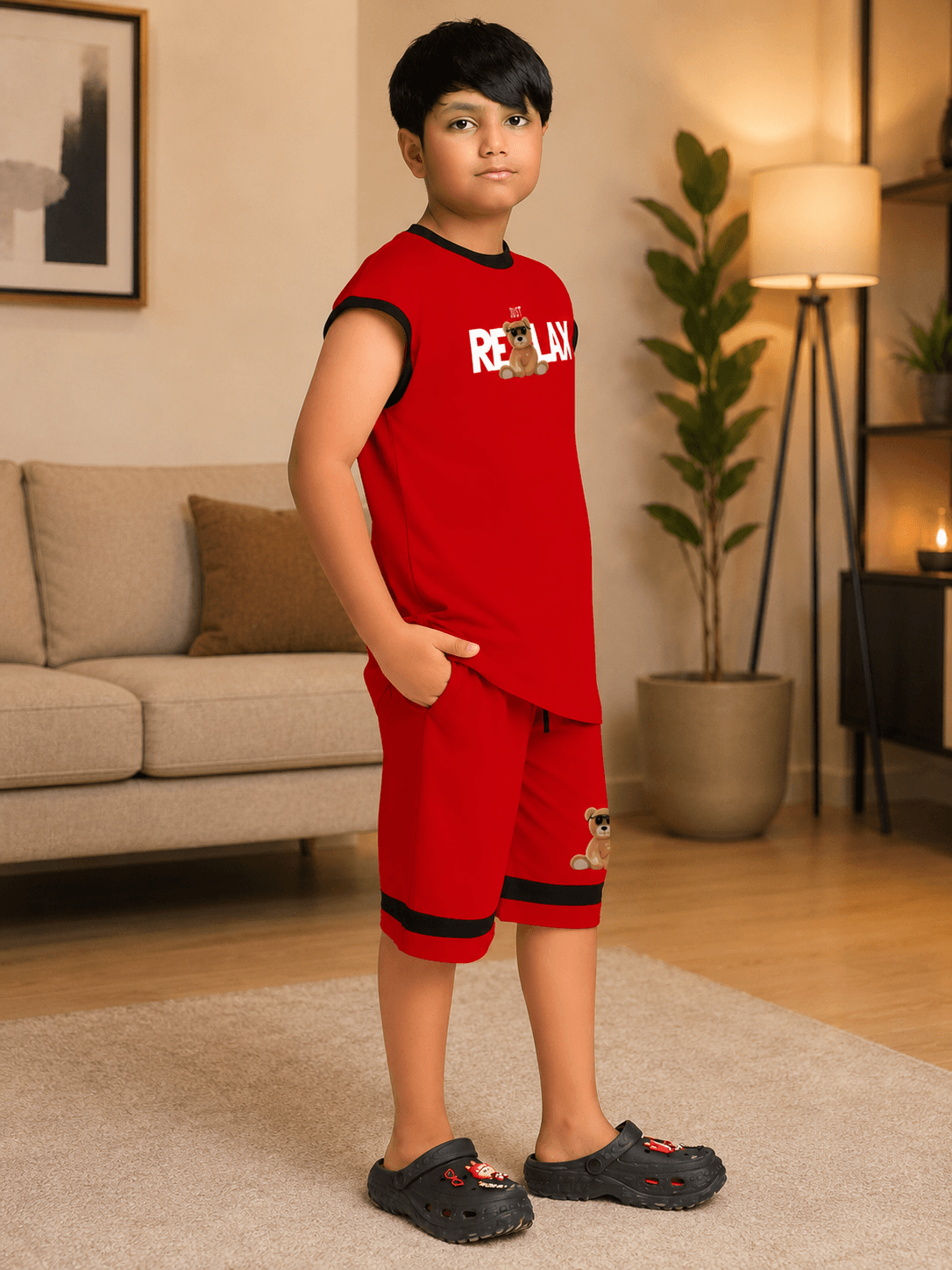 COOL TEDDY BEAR SLEEVELESS CO-ORD FOR BOYS GIRLS RED outfit worn by a young boy in a cozy indoor setting.