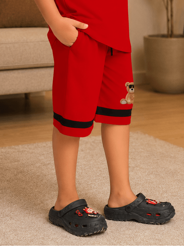 Cool Teddy Bear Shorts for Boys Girls Red showcased on a child, featuring a playful teddy bear design.