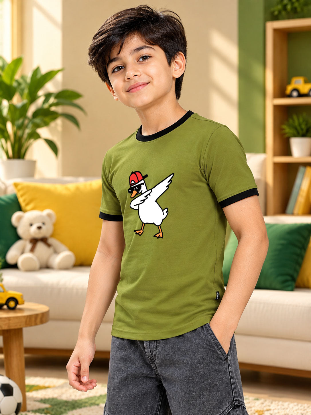 DUCK RINGER REGULAR FIT T-SHIRT FOR BOYS GIRLS OLIVE GREEN