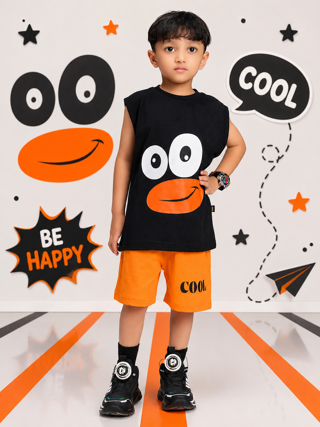 SMILEY EYES PRINT CO-ORD SET FOR BOYS GIRLS BLACK ORANGE