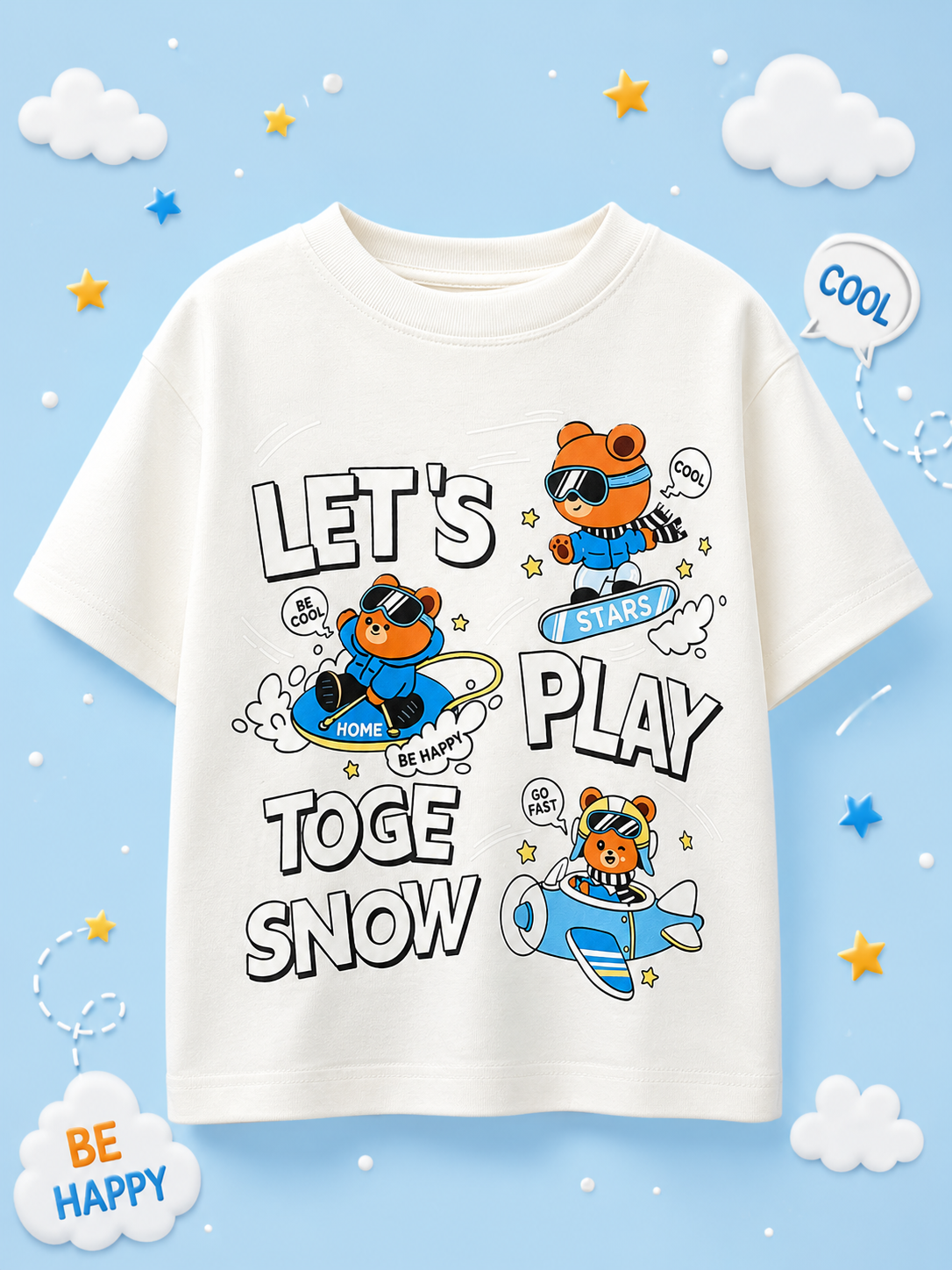 CARTOON BEAR T-SHIRT FOR BOYS GIRLS WHITE
