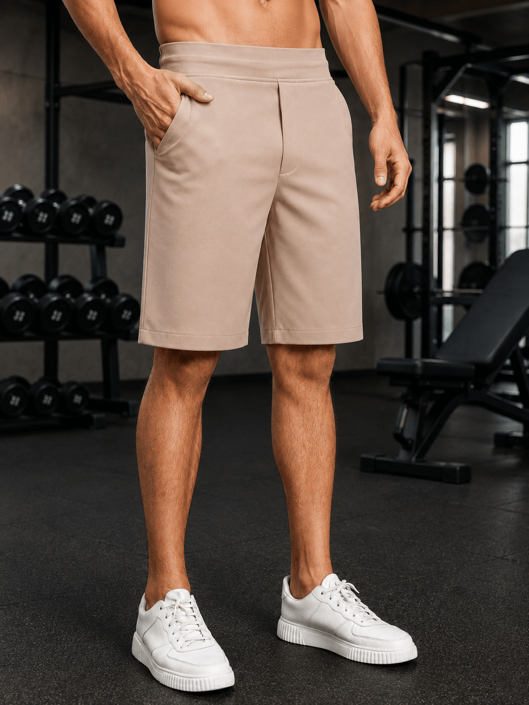 SMART CASUAL TOBACCO REGULAR SHORTS BEIGE worn by a model in a gym setting, showcasing comfort and style.