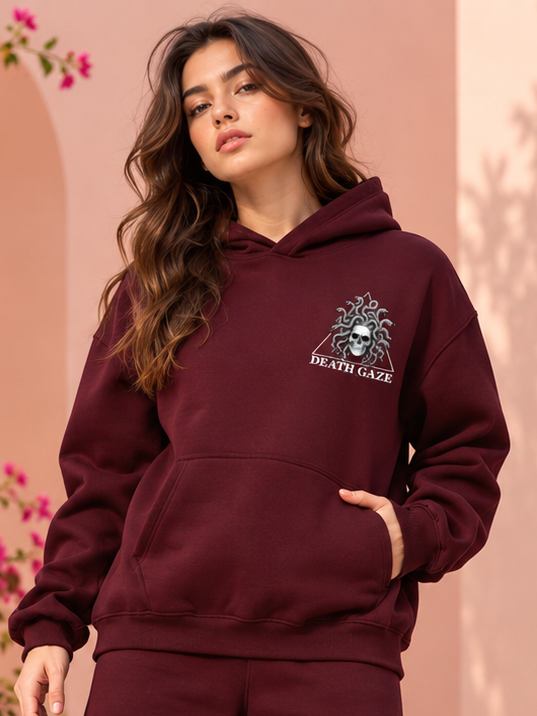 WOMEN GORGON SKULL PRINTED FLEECE HOODIE WINE