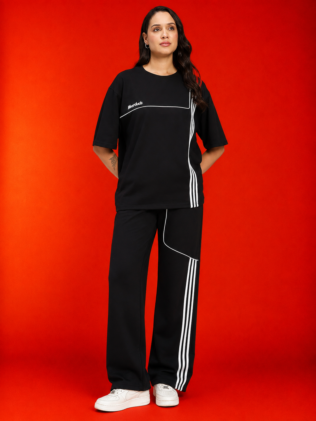 WOMEN YOUTH CONTREST PIPING CO-ORD SET BLACK