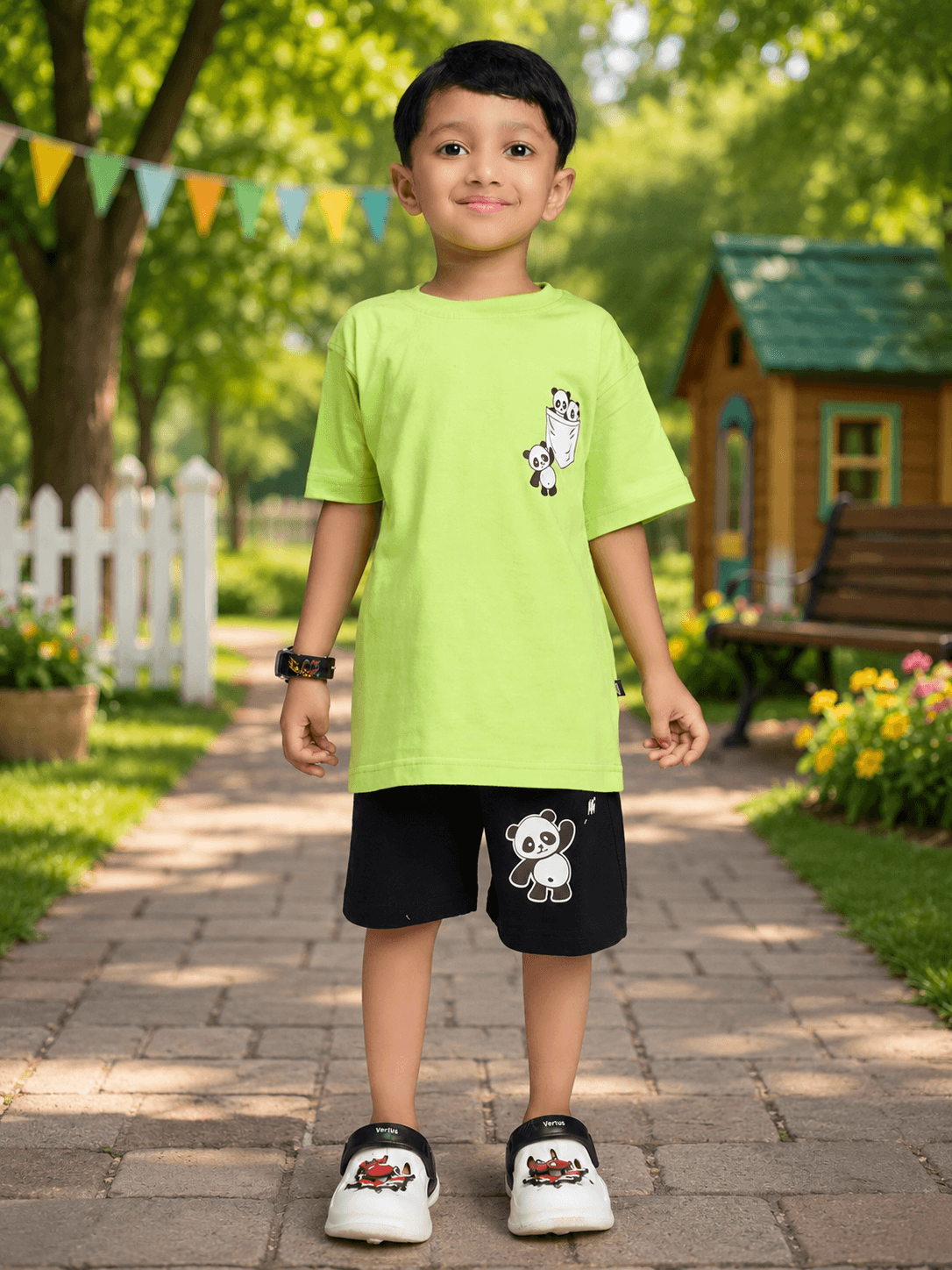 PEEK-A-PANDA CO-ORD FOR BOYS GIRLS LIME GREEN BLACK