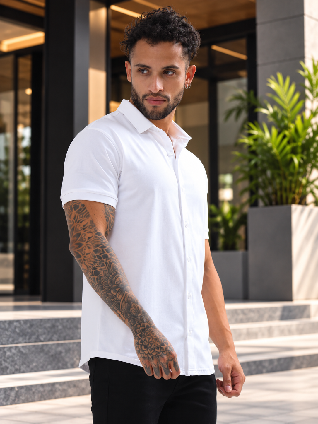 NOIR WHITE HALF-SLEEVE SHIRT SLIM FIT