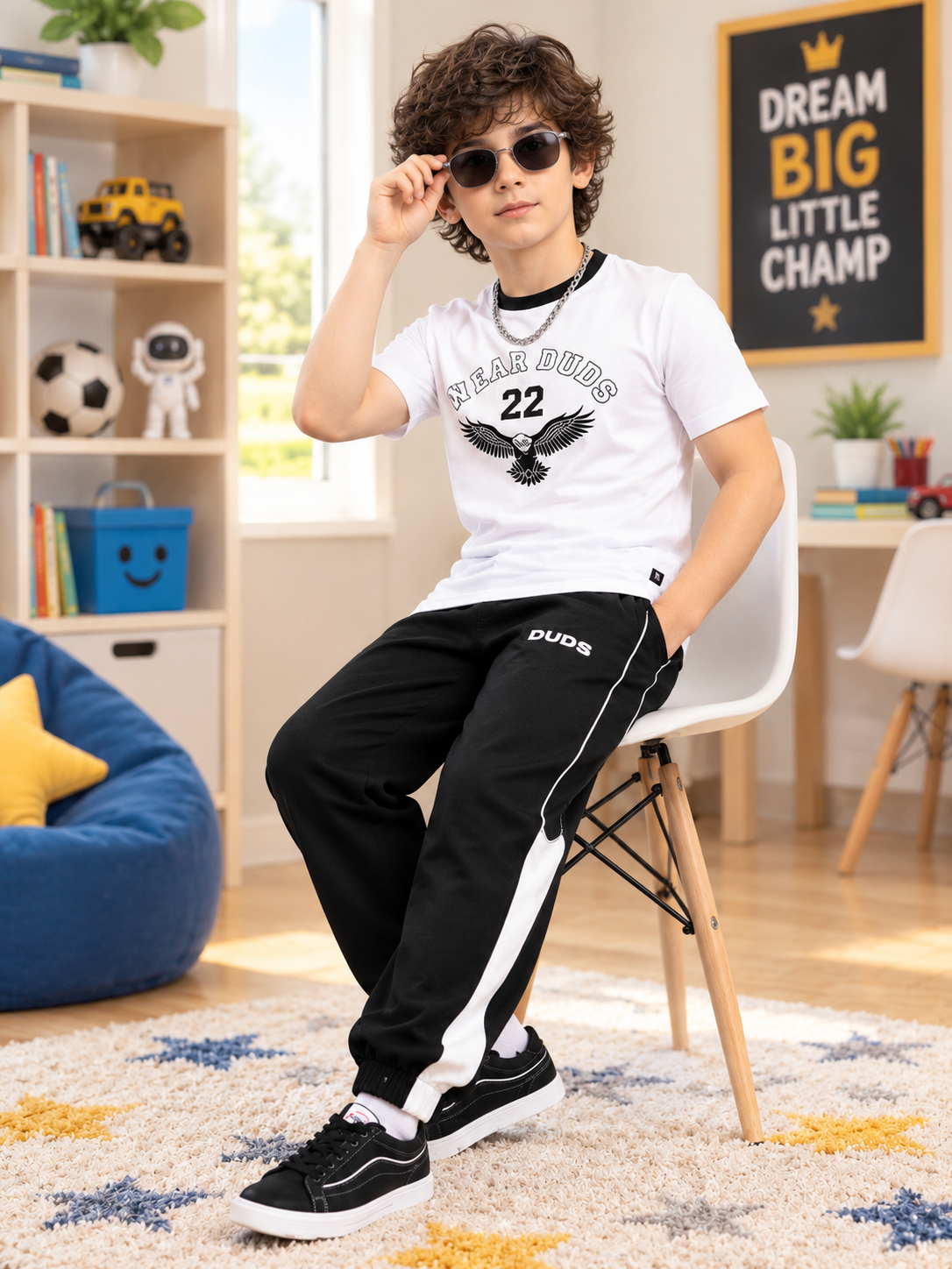 Kids White Eagle Wings Regular Fit T-Shirt styled with black joggers, perfect for boys' casual everyday wear by WEARDUDS