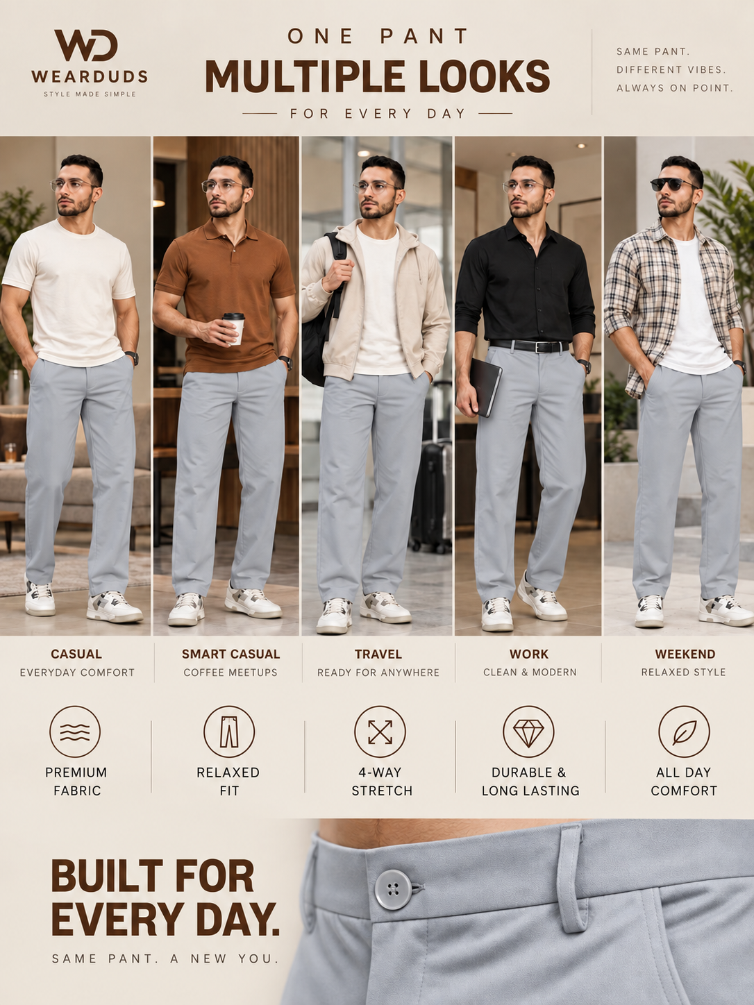 STRETCH STRAIGHT CASUAL PANTS BLUE