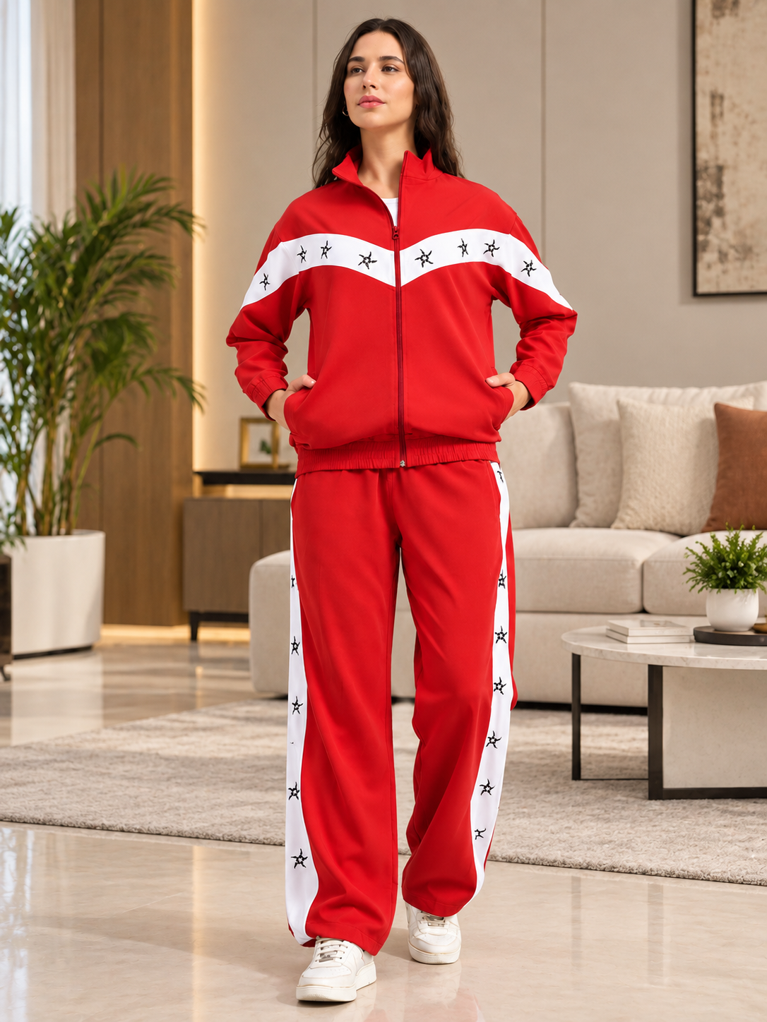 WOMEN MATCHING LOOSE FIT CO-ORD SET RED WHITE