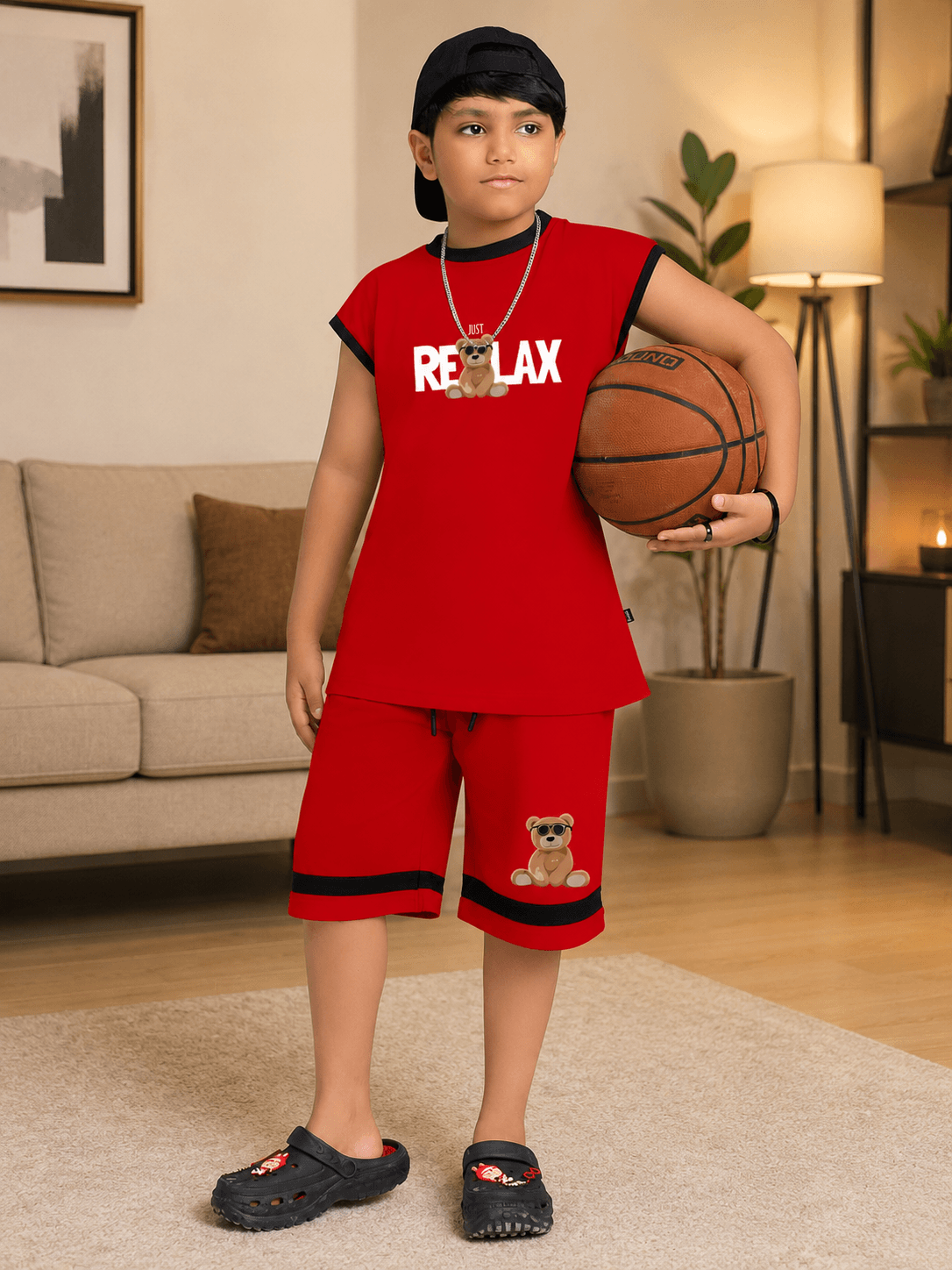COOL TEDDY BEAR SLEEVELESS CO-ORD FOR BOYS GIRLS RED in red, featuring teddy bear print, perfect for trendy kids.