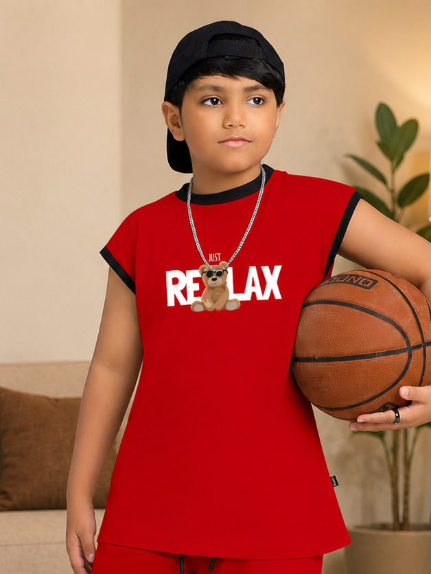 COOL TEDDY BEAR SLEEVELESS T-SHIRT FOR BOYS GIRLS RED