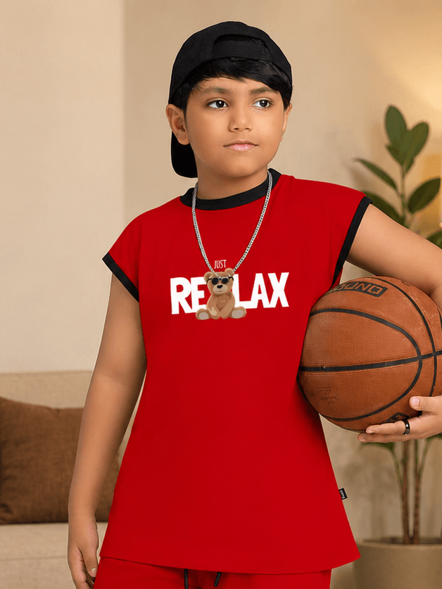 Cool Teddy Bear Sleeveless T-Shirt for Boys Girls Red worn by a boy holding a basketball, showcasing a vibrant design.