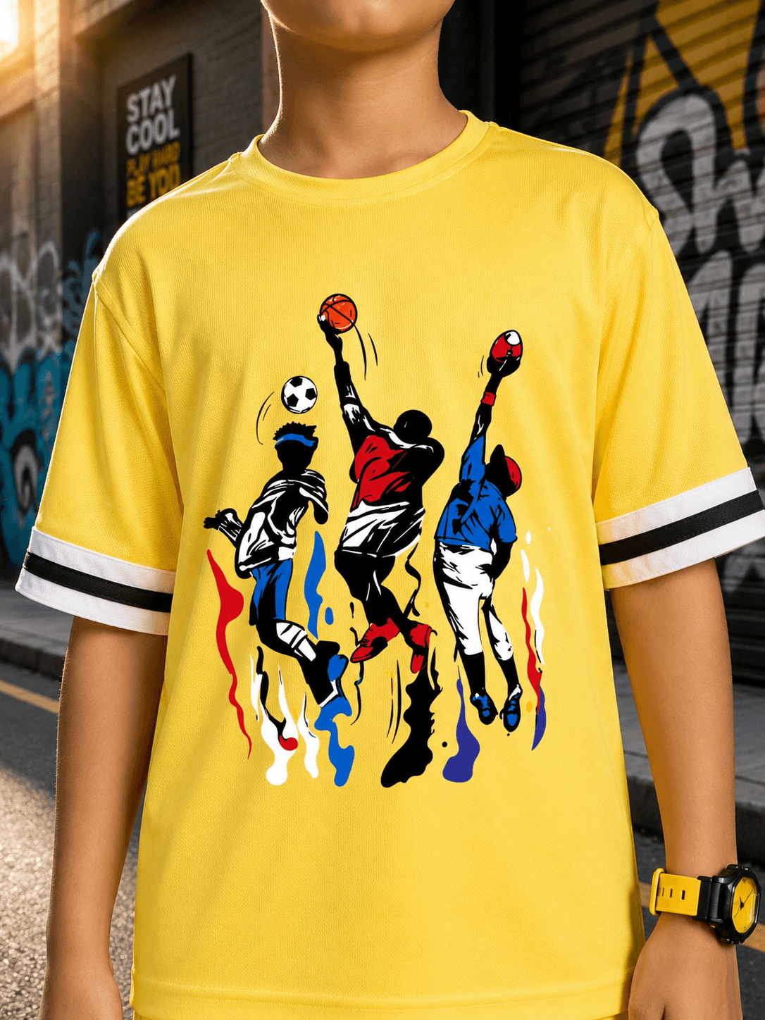 THE STREET CO-ORD SET FOR BOYS GIRLS YELLOW featuring vibrant graphic design on a kid's yellow t-shirt.