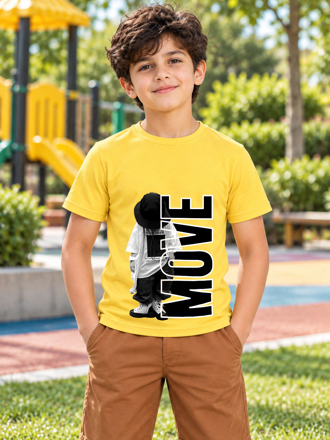 MOVE GRAPHIC PRINTED T-SHIRT FOR BOYS GIRLS YELLOW