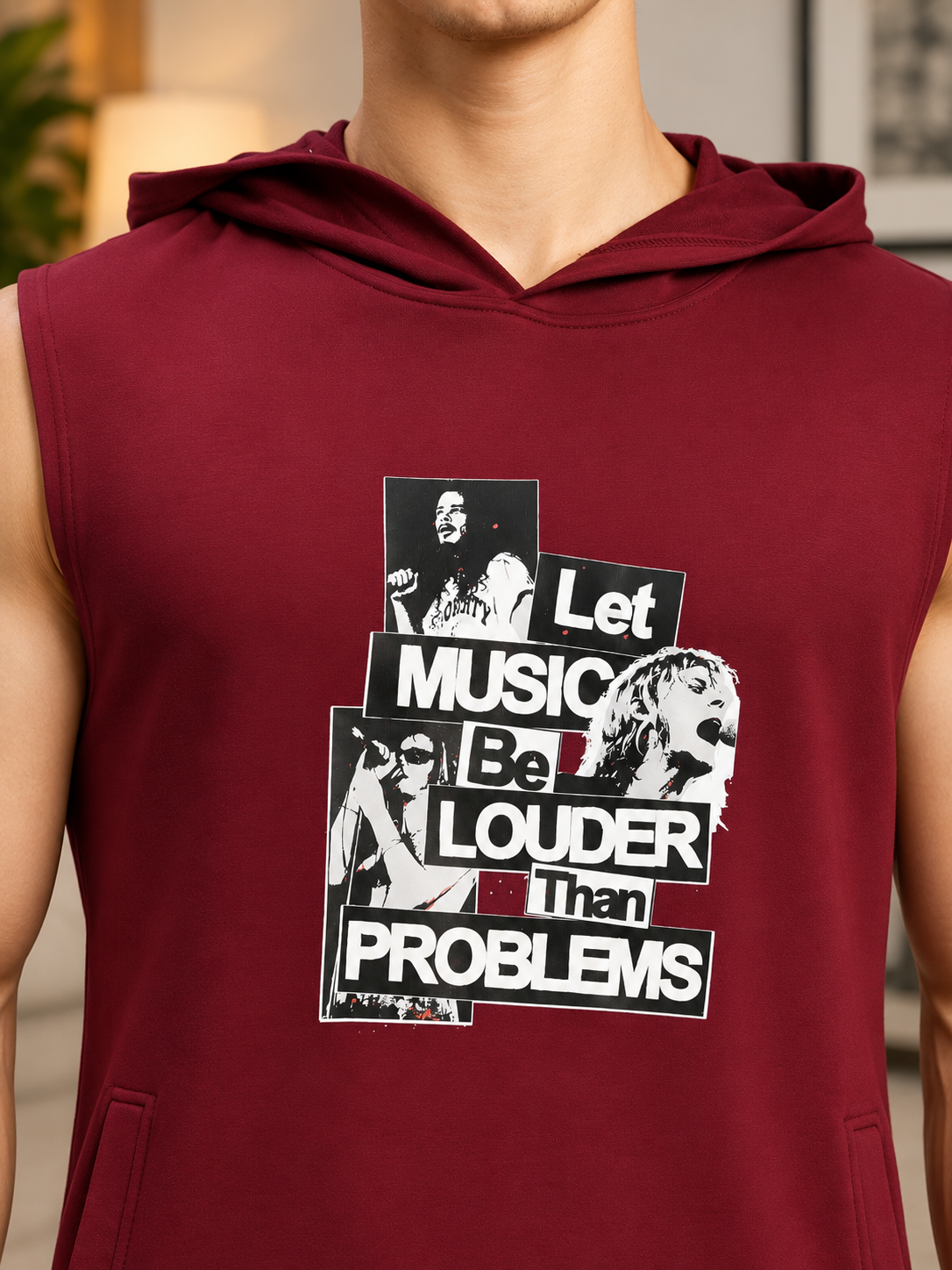 HOODIE SLEEVELESS GRAPHIC PRINT MAROON