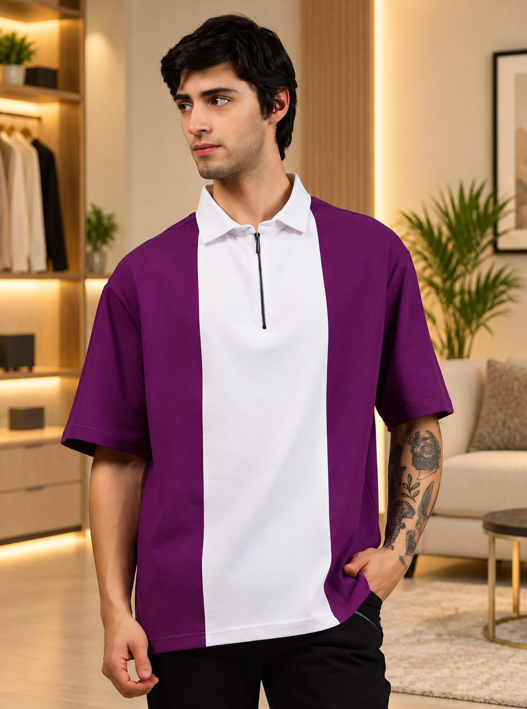CONTRAST POLO OVERSIZED ZIPPER T-SHIRT PURPLE WHITE