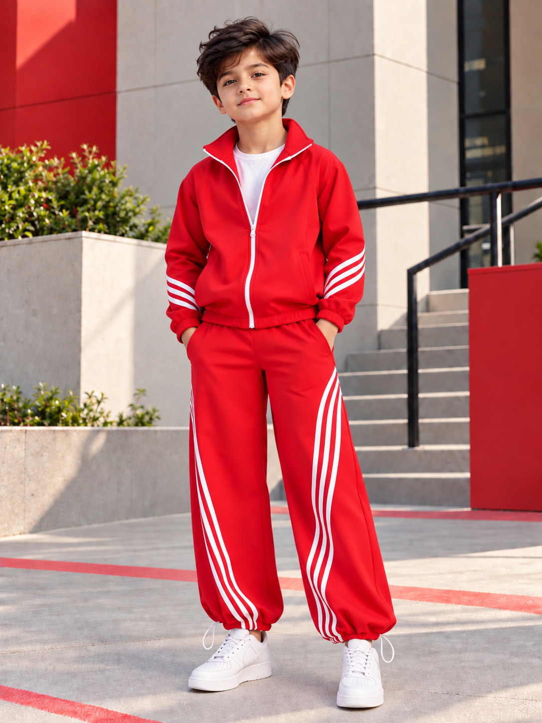 STREETWEAR THREE STRIPE CO-ORD SET FULL ZIPPER FOR BOYS GIRLS RED
