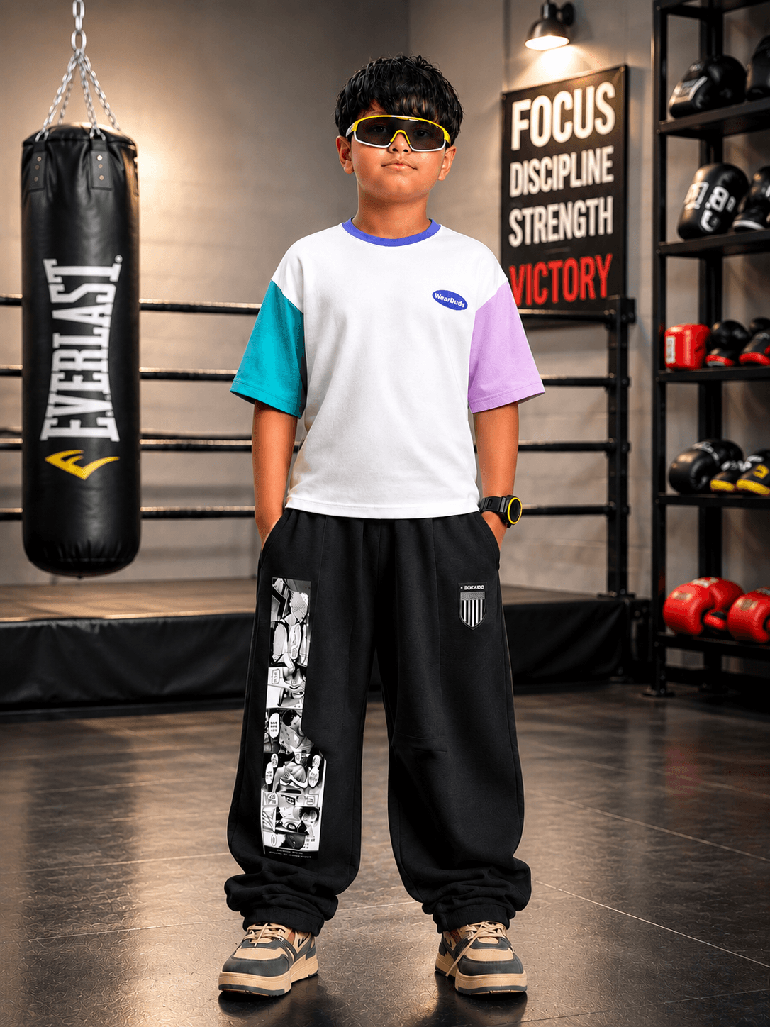 CHILL JOGGER FOR BOYS GIRLS BLACK worn by a kid in a gym, featuring a stylish design with graphic detail.