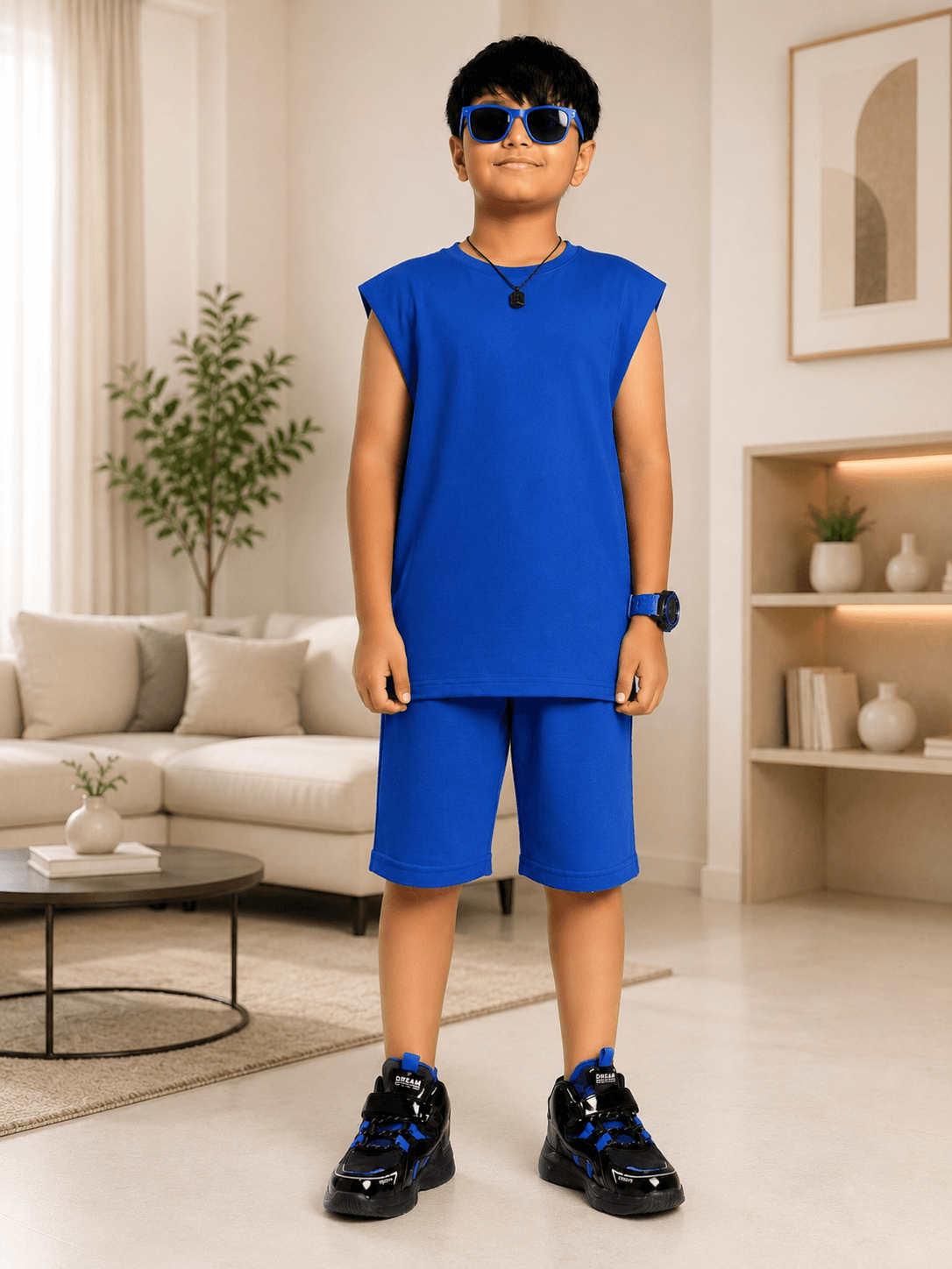 NEON RUSH SLEEVELESS CO-ORD FOR BOYS GIRLS BLUE, a child wearing a blue sleeveless outfit with stylish sneakers.