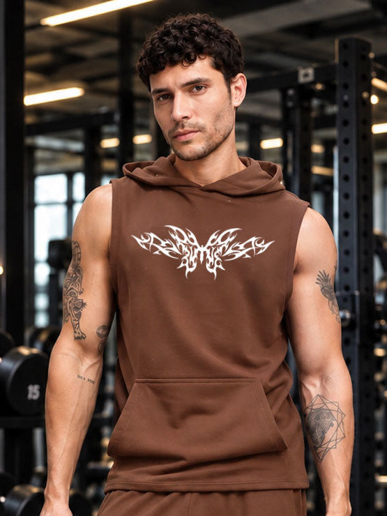 TRIBAL SLEEVELESS HOODED T-SHIRT BROWN