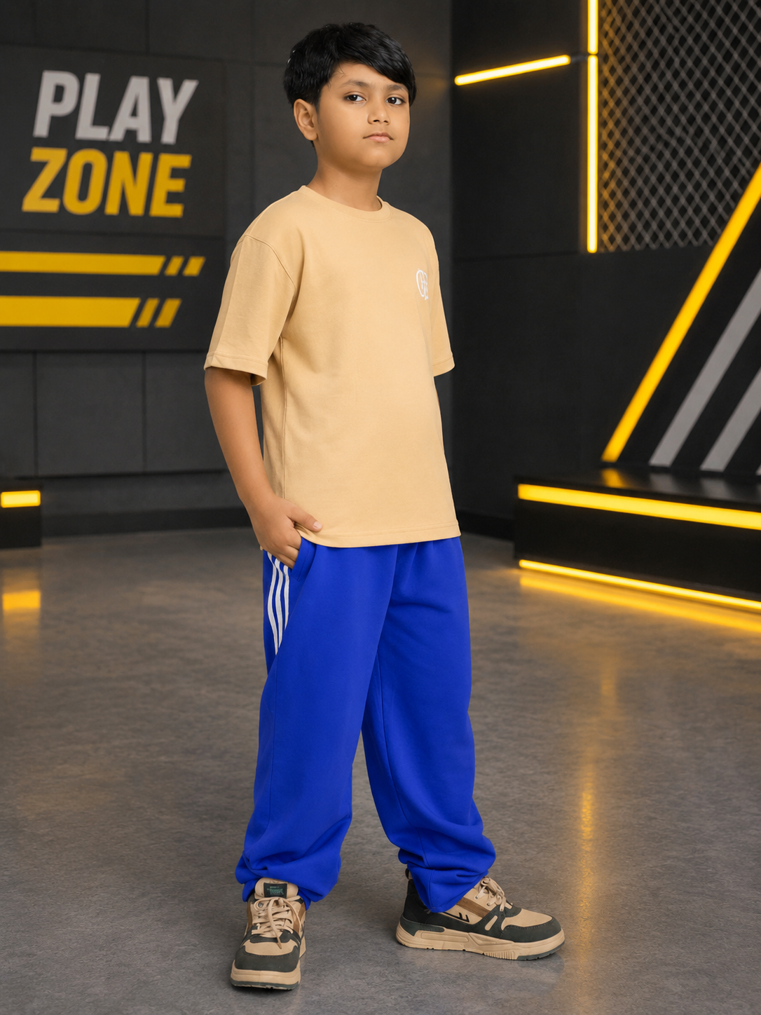 NEO STREET DROP CO-ORD FOR BOYS GIRLS BEIGE BLUE stylish outfit with beige t-shirt and blue pants for boys.