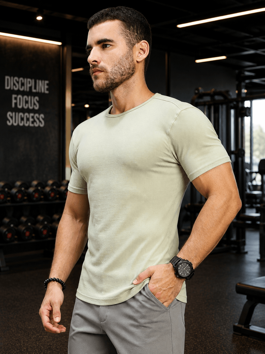 FROSTED AGATE T-SHIRT SAGE GREEN worn by a male model in a gym setting, showcasing its earthy color and contemporary style.